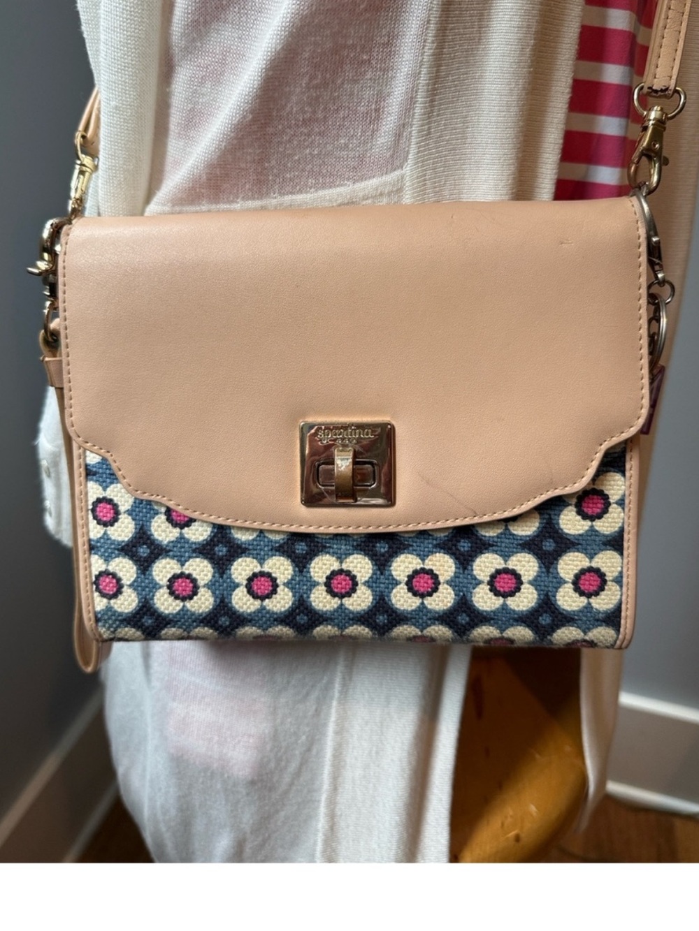 Spartina 449 Blush Pink Floral Mosaic Crossbody with Gold-Tone Turn Lock